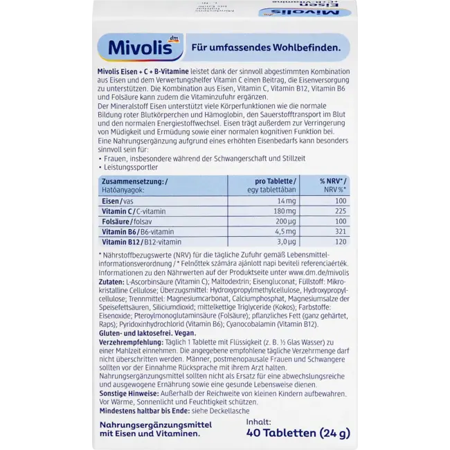 Mivolis Eisen + Vitamine C + B-vitamine, Tabletten, 40 St. 25 g