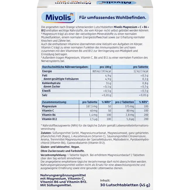 Mivolis Magnesium + Vitamine C + Vitamine B6 + B12, Zuigtabletten, 30 St. 45 g