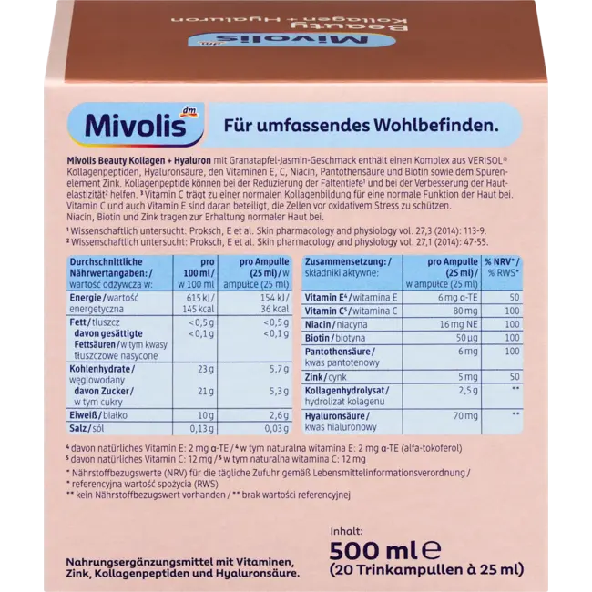 Mivolis Beauty Collageen + Hyaluron, Drinkampullen, 20 St. 500 ml