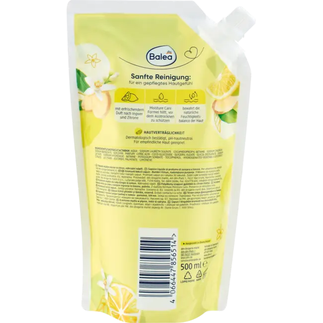 Balea Crèmezeep Ginger & Lemon, Navulverpakking 500 ml