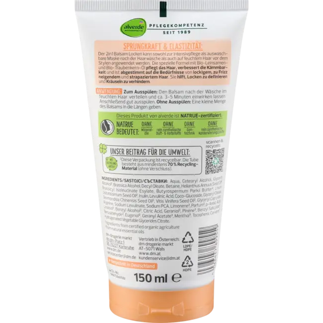 alverde NATURKOSMETIK 2 In 1 Balsem Krullen Bio Lijnzaad, Bio Druif 150 ml