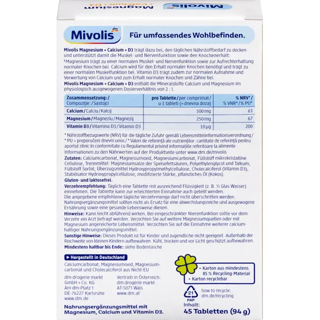 Mivolis Magnesium + Calcium + D3 Tabletten 45 St 94 g