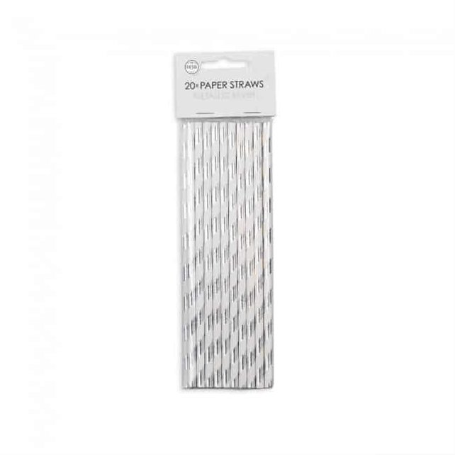 Papieren rietjes zilver/wit 20 stuks