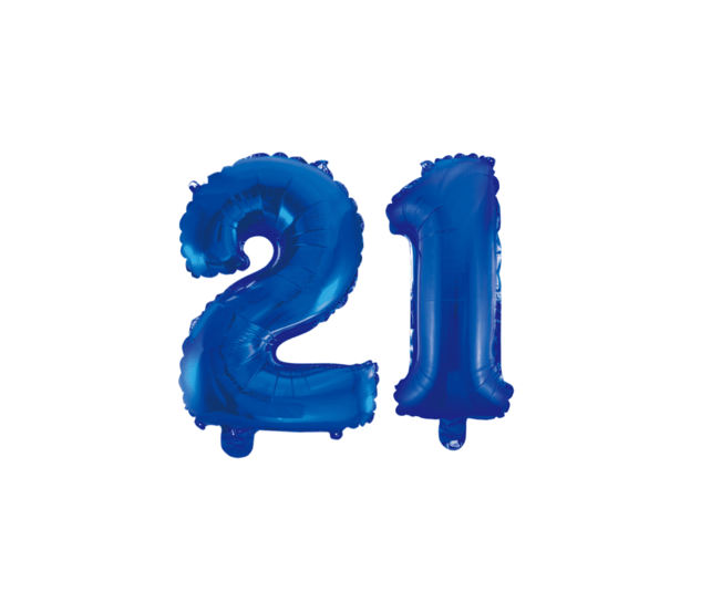 Folieballon 21 jaar blauw 41cm