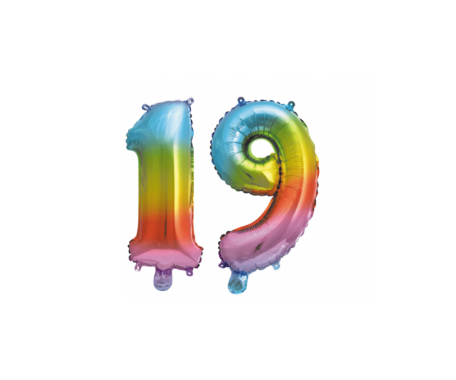 Folieballon 19 jaar Regenboog 41cm