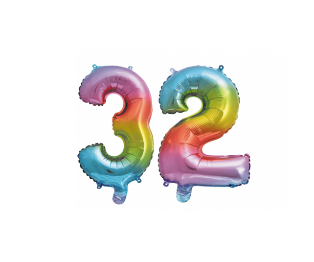 Folieballon 32 jaar Regenboog 41cm