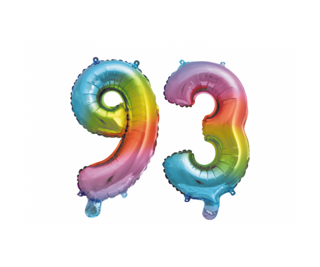Folieballon 93 jaar Regenboog 41cm