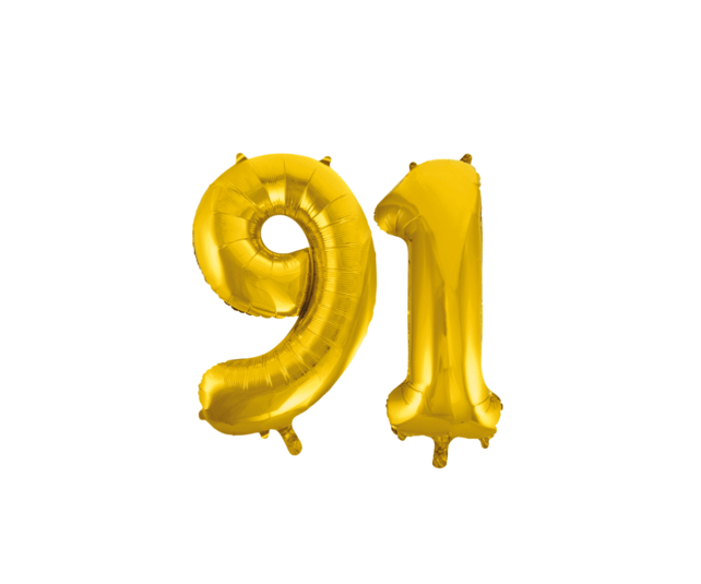 Folieballon 91 jaar Goud 86cm