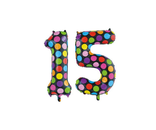 Folieballon 15 jaar stippen 86cm