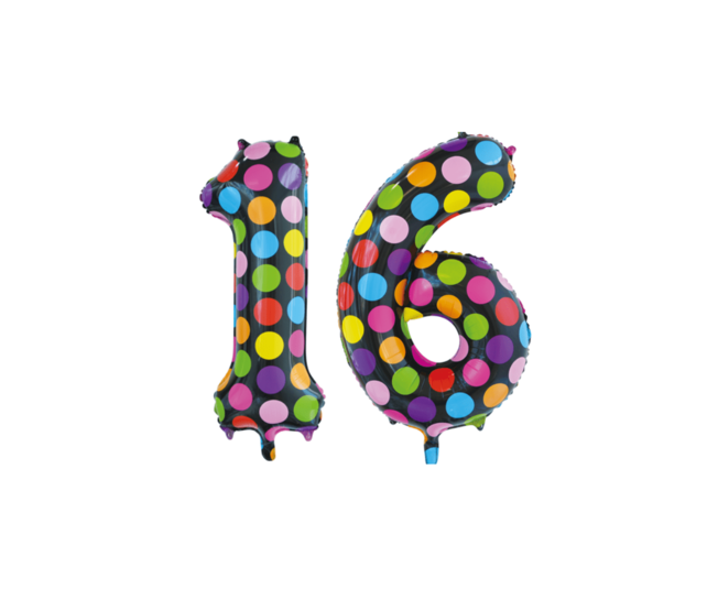 Folieballon 16 jaar stippen 86cm