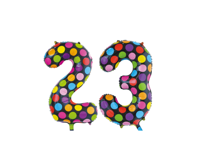 Folieballon 23 jaar stippen 86cm Folieballon 23 jaar stippen 86cm