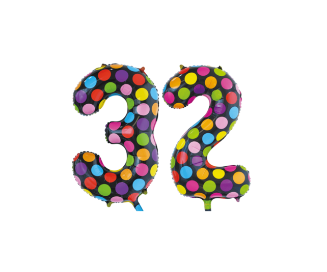 Folieballon 32 jaar stippen 86cm