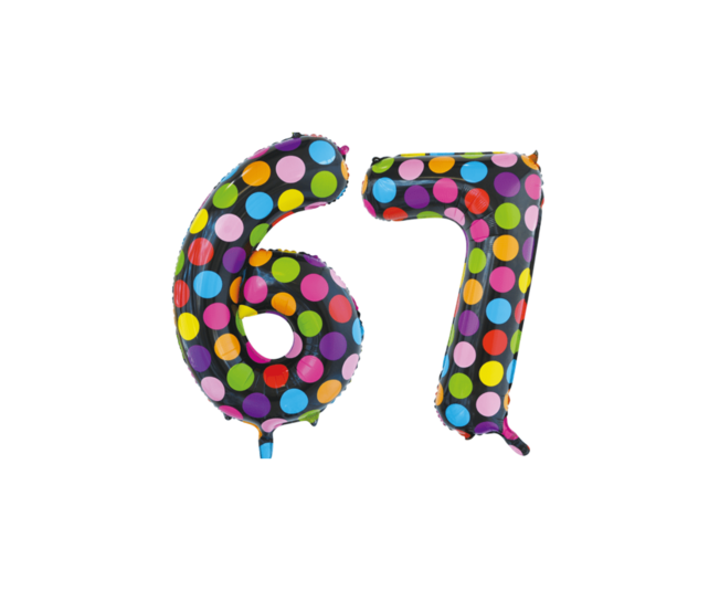 Folieballon 67 jaar stippen 86cm
