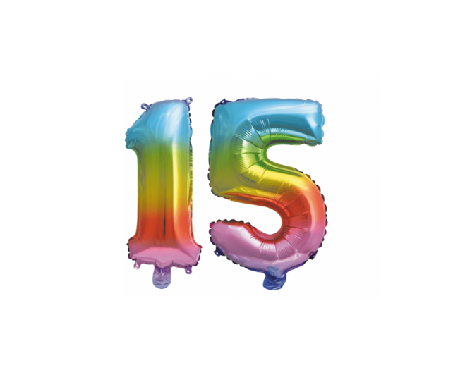 Folieballon 15 jaar Regenboog 86cm