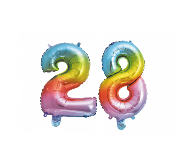 Folieballon 28 jaar Regenboog 86cm