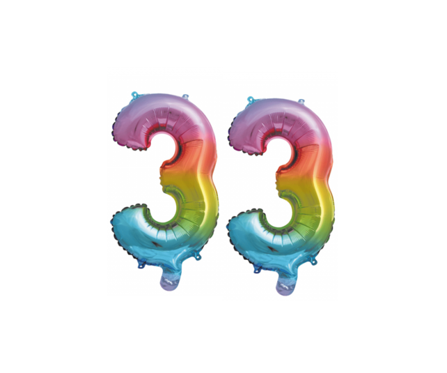 Folieballon 33 jaar Regenboog 86cm