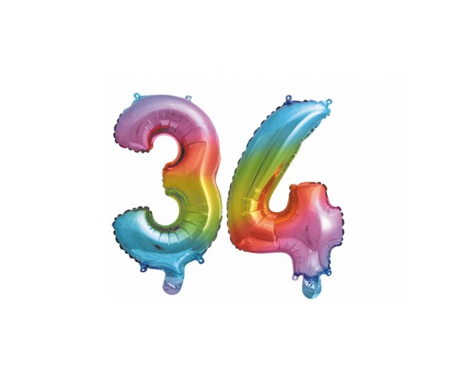 Folieballon 34 jaar Regenboog 86cm
