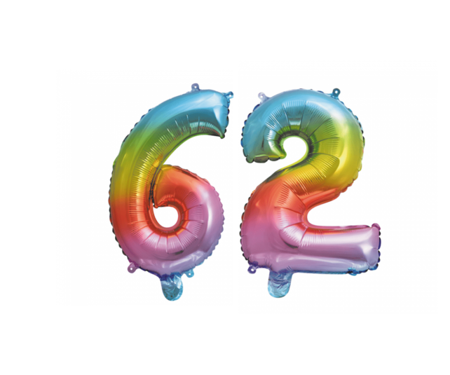 Folieballon 62 jaar Regenboog 86cm