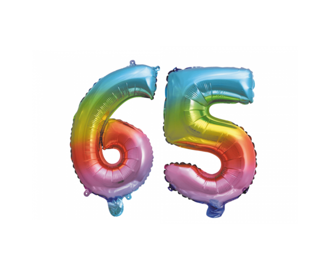 Folieballon 65 jaar Regenboog 86cm