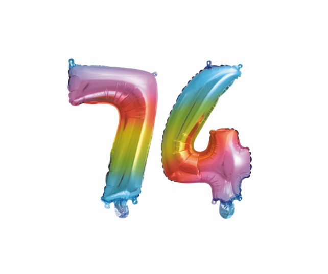 Folieballon 74 jaar Regenboog 86cm