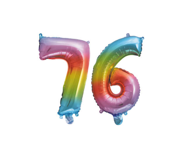 Folieballon 76 jaar Regenboog 86cm