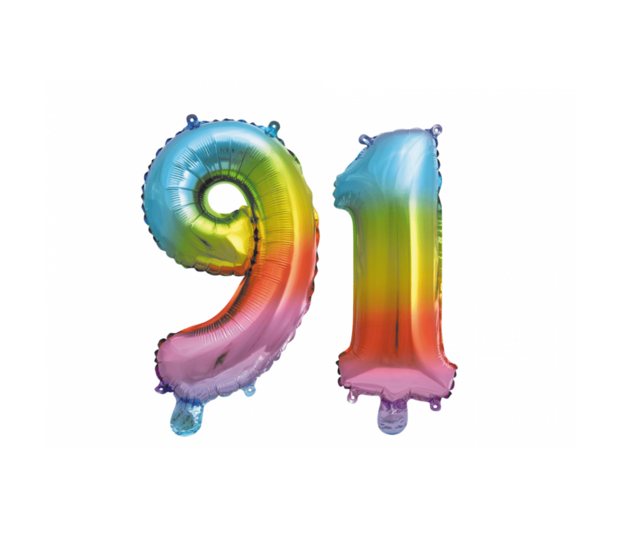 Folieballon 91 jaar Regenboog 86cm
