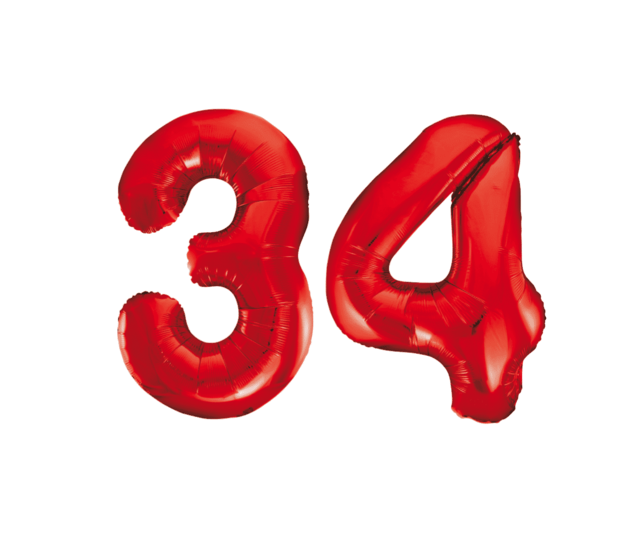 Folieballon 34 jaar rood 86cm