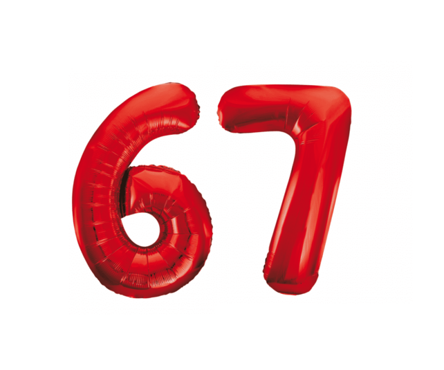 Folieballon 67 jaar rood 86cm