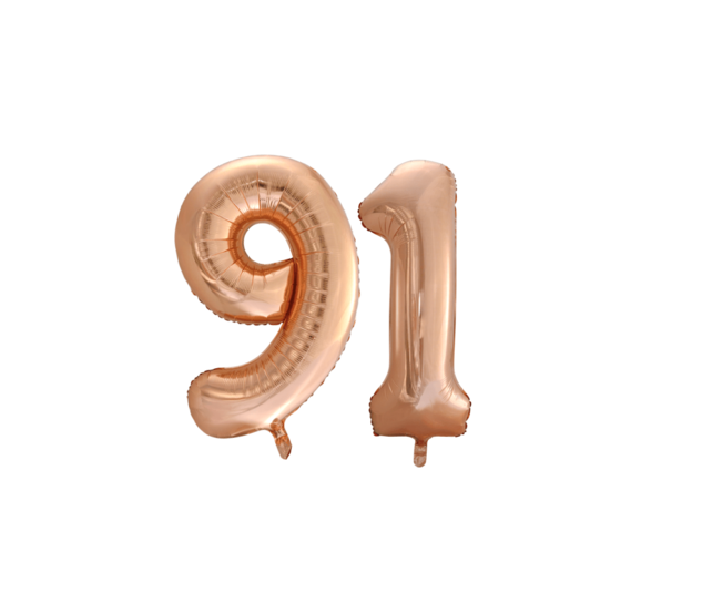 Folieballon 91 jaar Rosé Goud 86cm Folieballon 91 jaar Rosé Goud 86cm