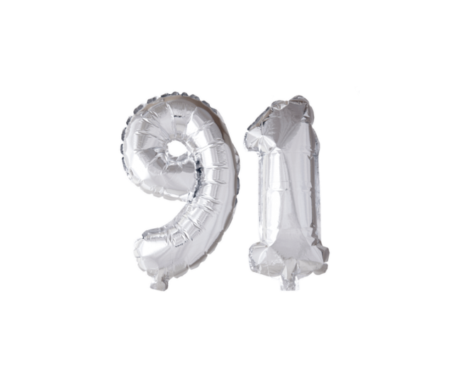 Folieballon 91 jaar zilver 41cm Folieballon 91 jaar zilver 41cm