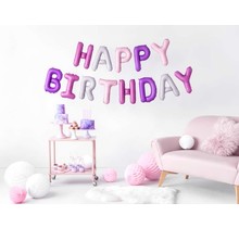 Folieballon Happy Birthday gemixte kleuren roze paars en zilver, leeg