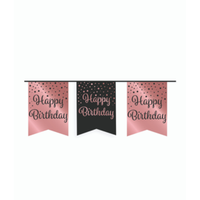 Vlaggetjesslinger - Happy Birthday - zwart en rosé goud