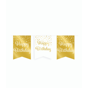 Vlaggetjesslinger - Happy Birthday - wit en goud