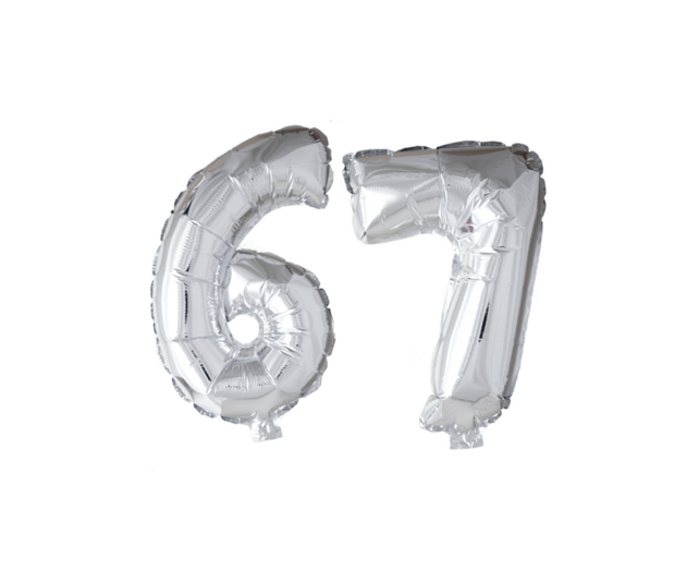 Folieballon 67 jaar Regenboog 41cm