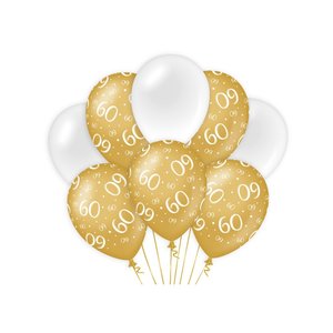 Tegenhanger Huiskamer schommel 60 jaar versiering/ decoratie ballonnen goud en wit, 8 stuks 30cm