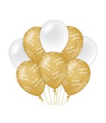 Happy Birthday versiering/ decoratie ballonnen goud en wit, 8 stuks 30cm