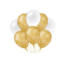 Happy Birthday versiering/ decoratie ballonnen goud en wit, 8 stuks 30cm