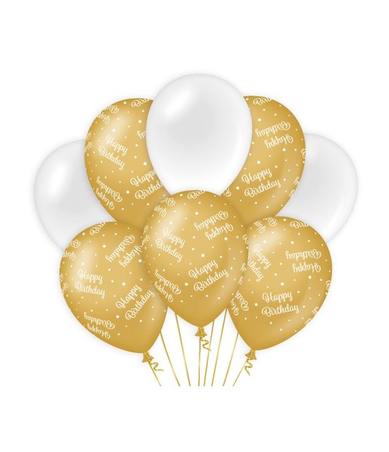Happy Birthday versiering/ decoratie ballonnen goud en wit, 8 stuks 30cm