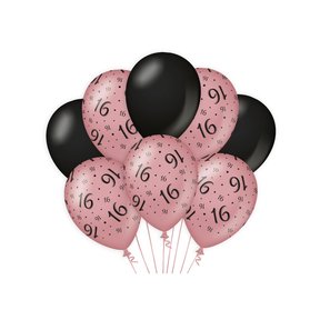 16 jaar versiering/ decoratie ballonnen rose goud en zwart, 8 stuks 30cm
