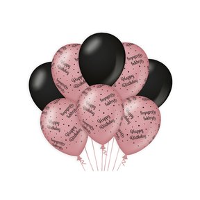 Happy Birthday versiering/ decoratie ballonnen rose goud en zwart, 8 stuks 30cm