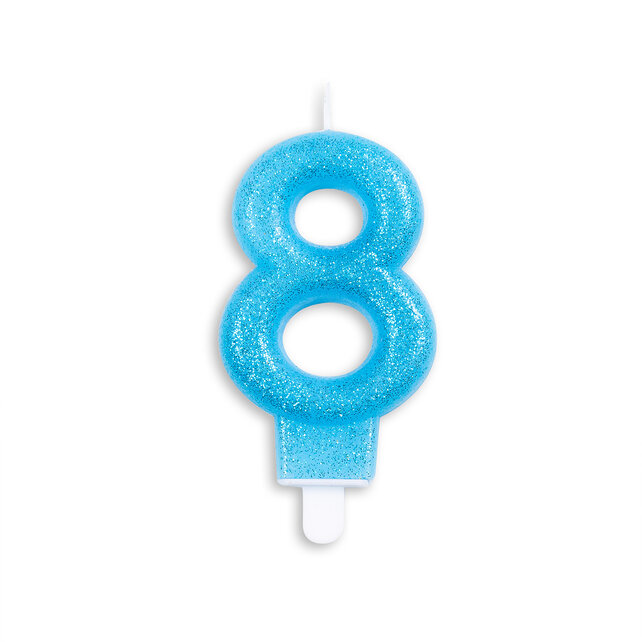 Cijfer kaars glitter blauw nr. 8