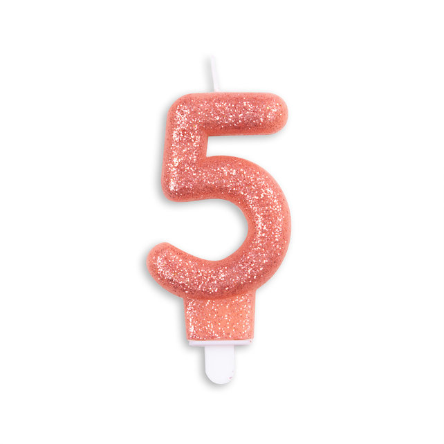 Cijfer kaars glitter rosé goud nr. 5