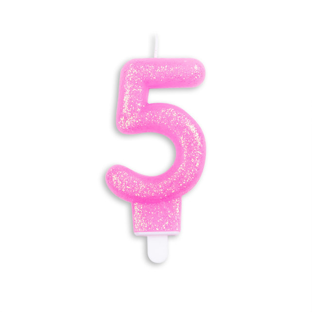 Cijfer kaars glitter roze nr. 5