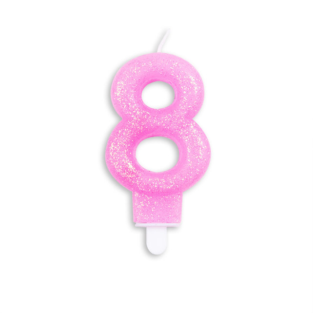 Cijfer kaars glitter roze nr. 8