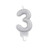 Cijfer kaars glitter zilver nr. 3