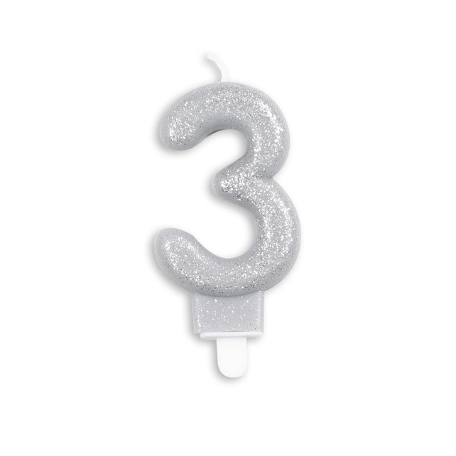 Cijfer kaars glitter zilver nr. 3