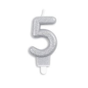 Cijfer kaars glitter zilver nr. 5
