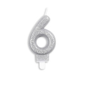 Cijfer kaars glitter zilver nr. 6 Cijfer kaars glitter zilver nr. 6