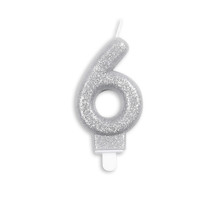Cijfer kaars glitter zilver nr. 6