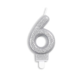 Cijfer kaars glitter zilver nr. 6
